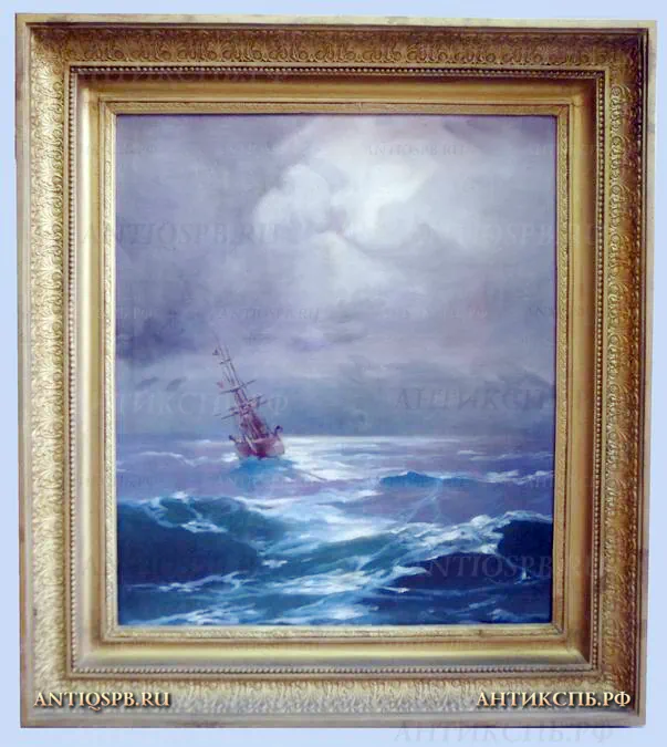 Картина старинная "Фрегат в море". Холст, масло. Перв. пол. ХХ века. №12236