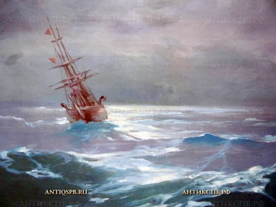 Картина старинная "Фрегат в море". Холст, масло. Перв. пол. ХХ века. №12236