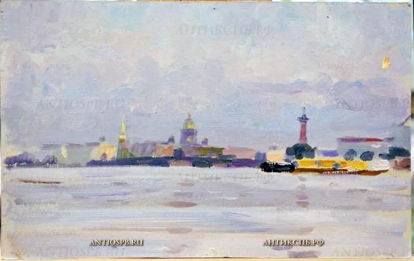 144. Картина "Адмиралтейская набережная". Картон, масло. Худ. Бантиков А. С. Сер. ХХ века. СССР.