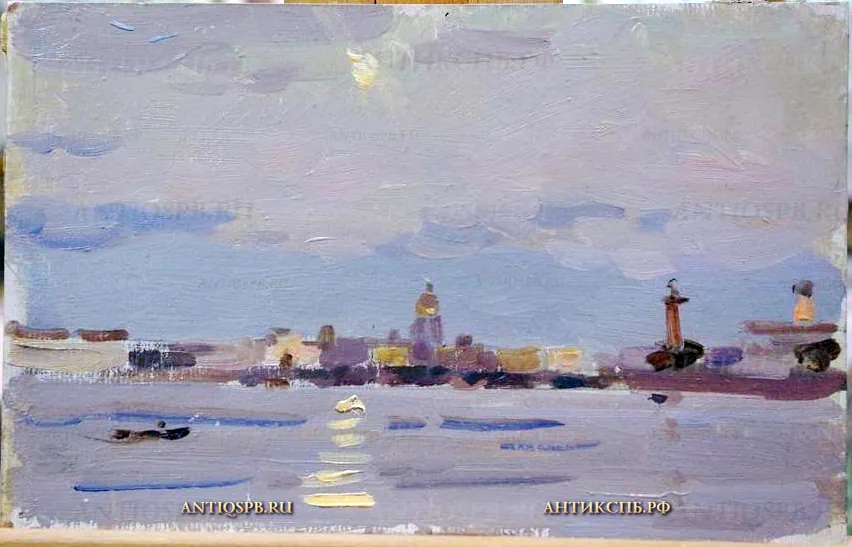 145. Картина Набережная Невы. Картон, масло. Худ. Бантиков А. С. Сер. ХХ века. СССР