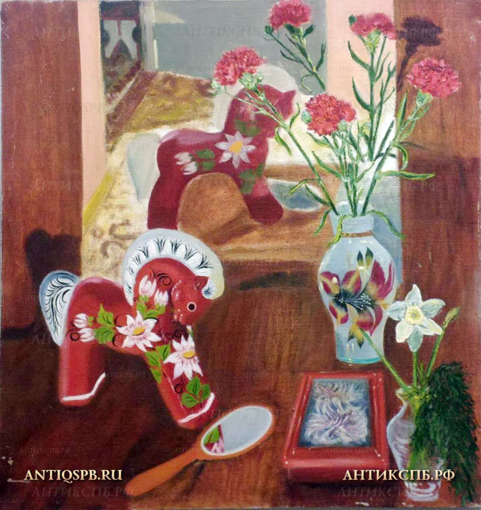 17872. Картина "Композиция с букетами, лошадкой и зеркалом". 