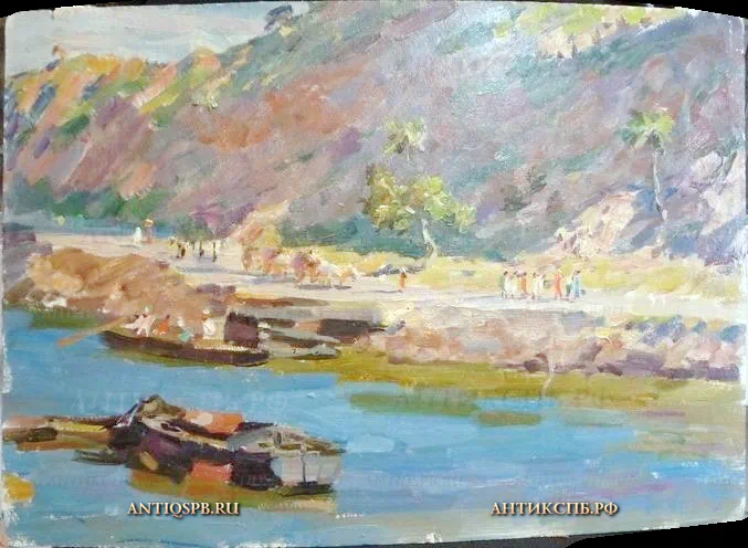 192. Картина "У лодочного причала". Картон, масло. Художник: Бантиков А.С. СССР. Сер. XX века.