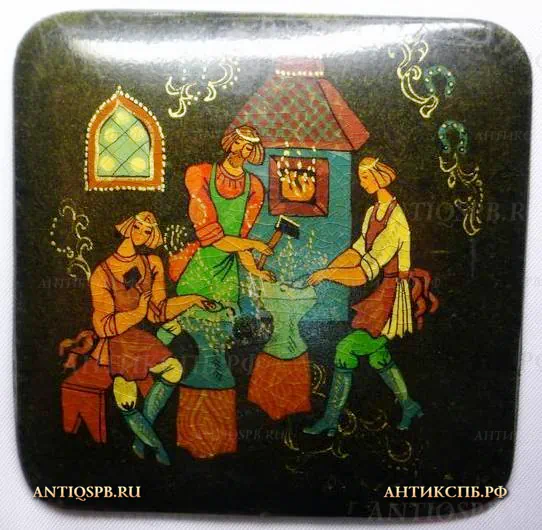 Накладка "Кузнецы". Камень, роспись, лак. Вт. пол. XX века. СССР. №3182
