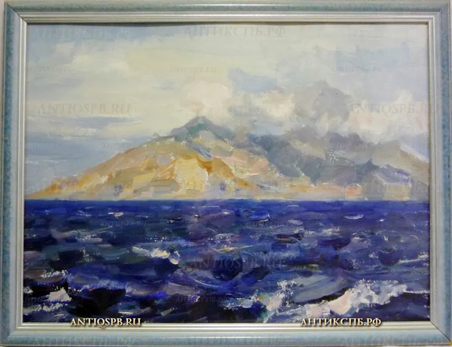 3827. Картина "Черное море, горы". Картон, масло.  Художник: Бантиков А.С. СССР.