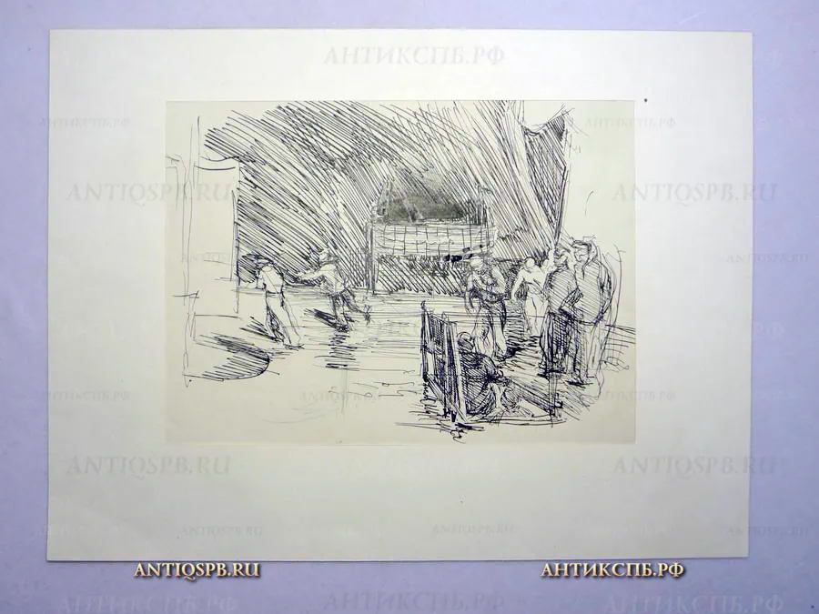 409 - Рисунок "У люка на палубе". Бумага, тушь, карандаш. Худ. Бантиков А.С. Сер. ХХ века.