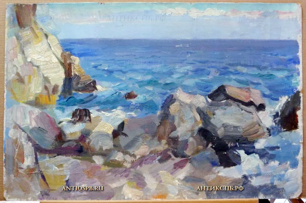 61. Картина "Скалистый берег". Картон, масло. Художник: Бантиков А.С. Сер. ХХ века. СССР