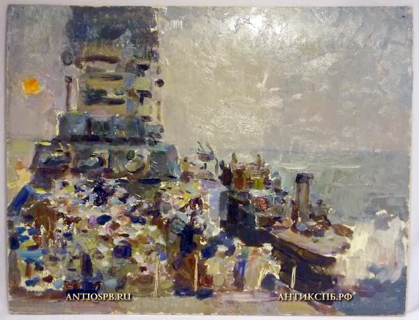 78. Этюд "На палубе". Картон, масло. Бантиков А.С. СССР. Сер. XX века.