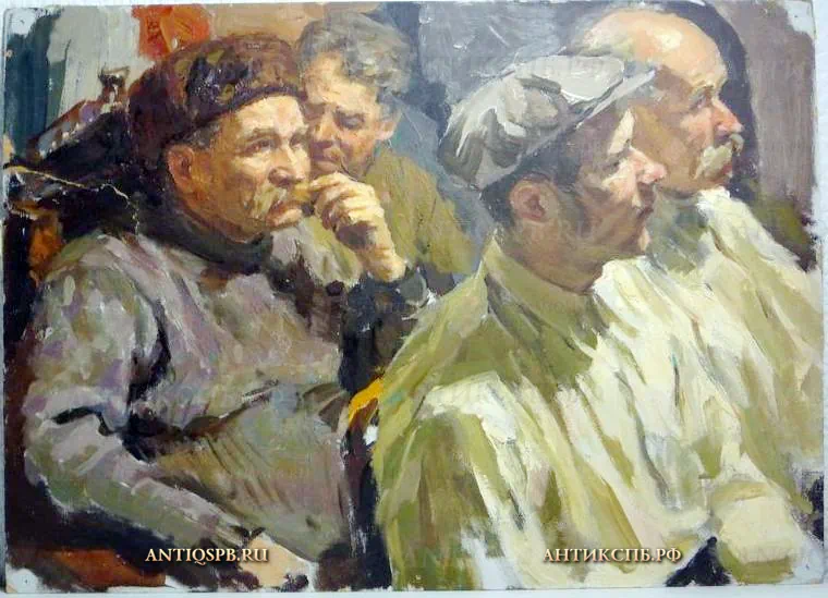 79. Этюд "Собрание". Картон, масло. Художник: Бантиков А.С. СССР. 1952 г.