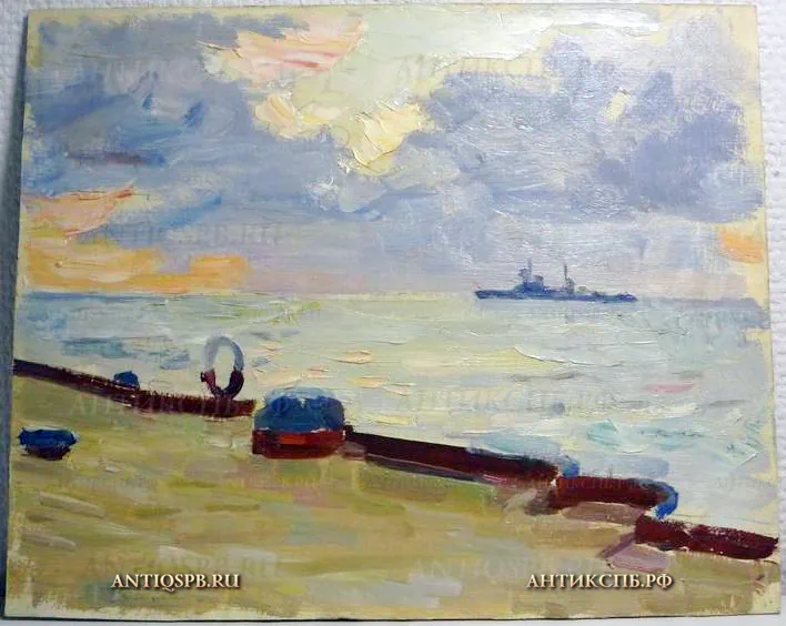 86. Этюд "С борта Линкора". Картон, масло. Художник: А. С. Бантиков. СССР. Сер. XX века.