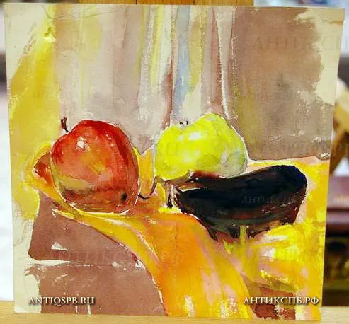 5215. Рисунок "Яблоки и баклажан". Бумага, акварель. Художник: Поляков Александр Иванович. Вт. пол. XX века. СССР.
