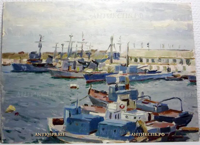 98. Этюд "Порт". Картон, масло. Художник: Бантиков А.С. СССР. 1955 г.  